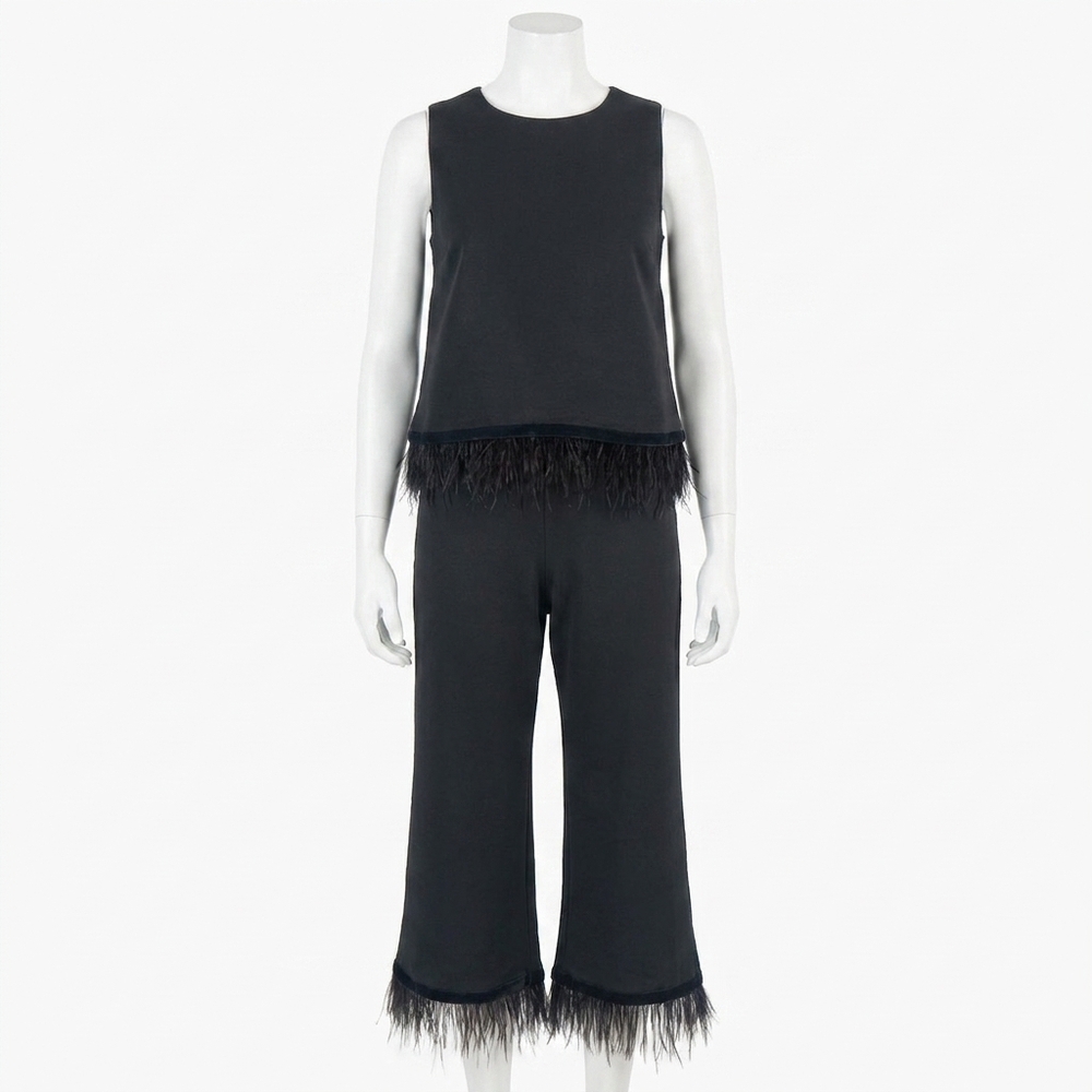 NEW EMILY MCCARTHY side zip feather fringe party pant in black